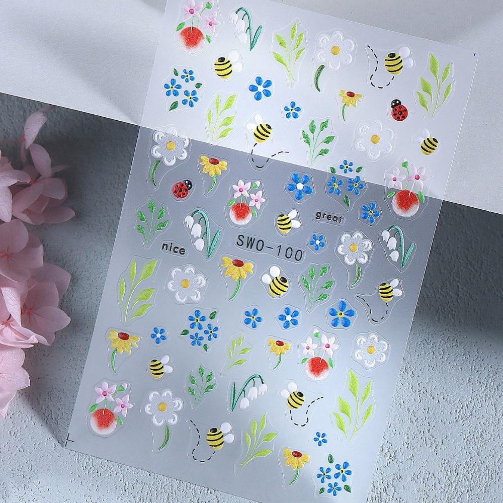 1PC 5D Embossed Flower Bee Nail Stickers Colorful Daisy Ladybug Leaf Self Adhesive Summer Spring Manicure Decals 1pc