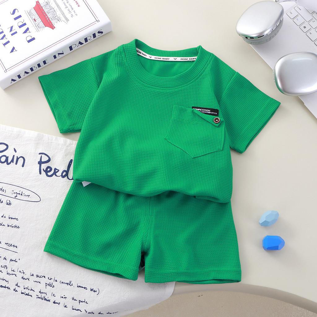 0-9 Years Children's Waffle Short-sleeved Suit Summer Casual Sportswear Boys and Girls 2pcs Clothing Set