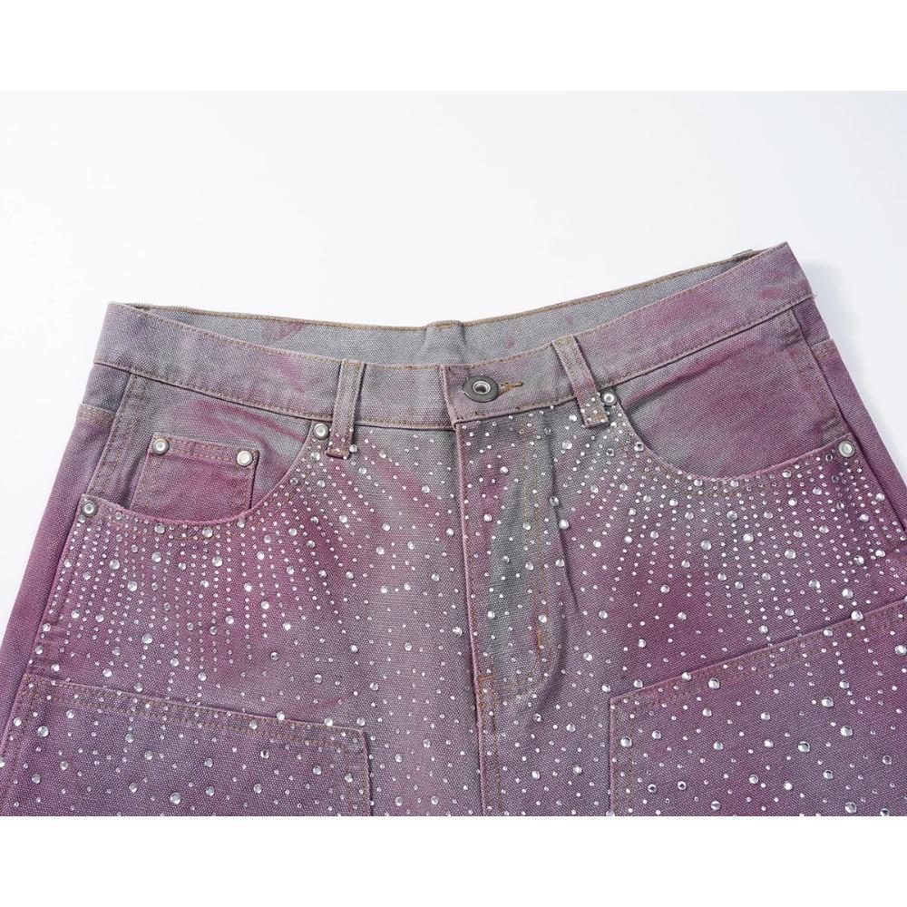 Streetwearové volné džínové šortky s celoplošným potiskem z kamínků pro muže, s roztrhanými dírami, prané, krátké, ležérní, volné, pětikapsové