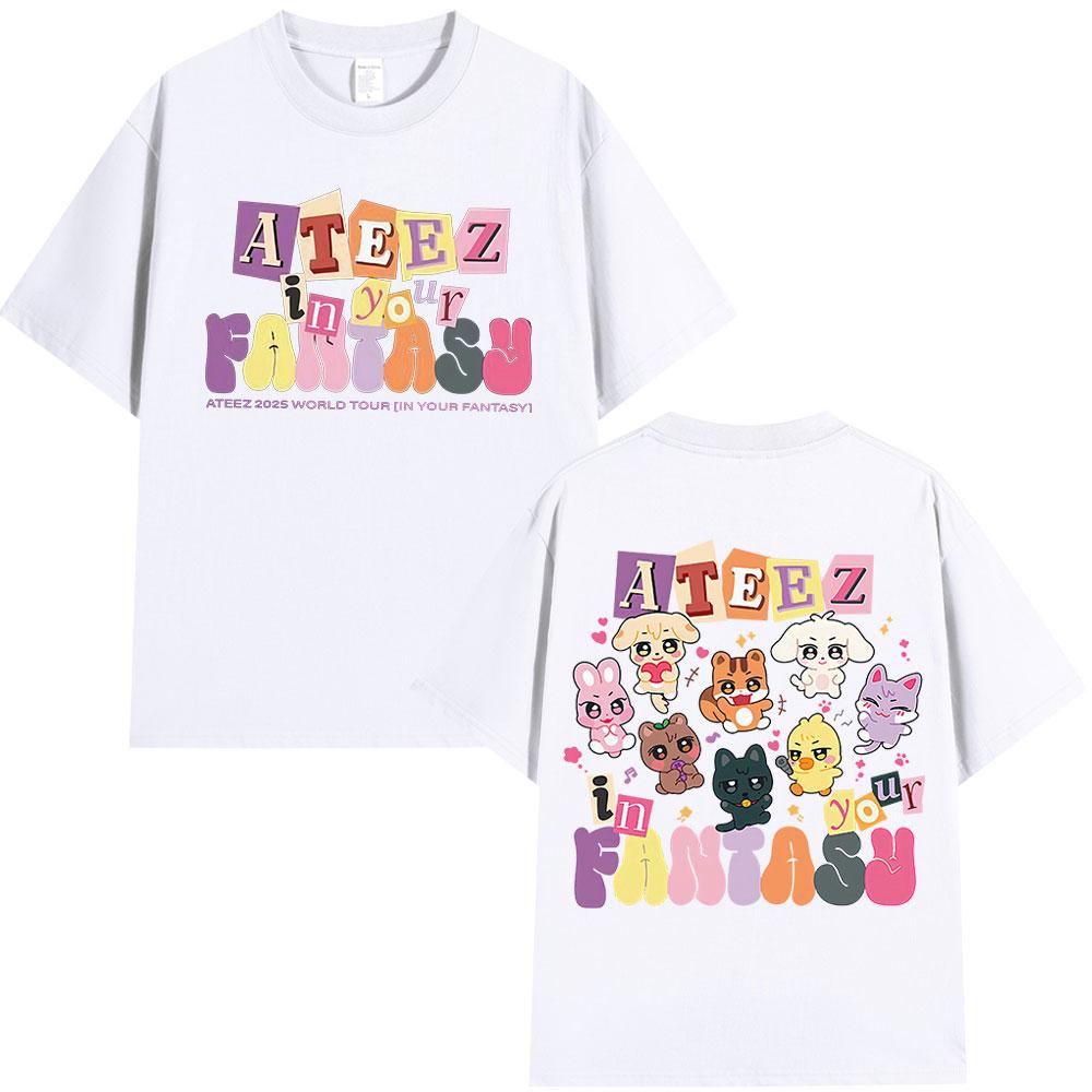 Cute Ateez 2025 World Tour in Your Fantasy T Shirt Fan Gifts Korean Kpop Fashion T-shirt Men Women Cotton Short Sleeve T-shirts
