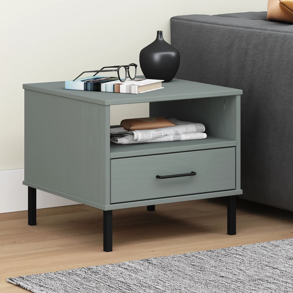 OSLO Nightstand with Metal Legs Grey Solid Pine Wood