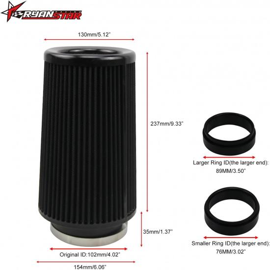 RYANSTAR Universal Clamp-On Air Filter Three Different Size 3In 3.5In 4 In High Flow Round Tapered Cone Closed-Top Cool Air Filter Cleaner Fit Compat
