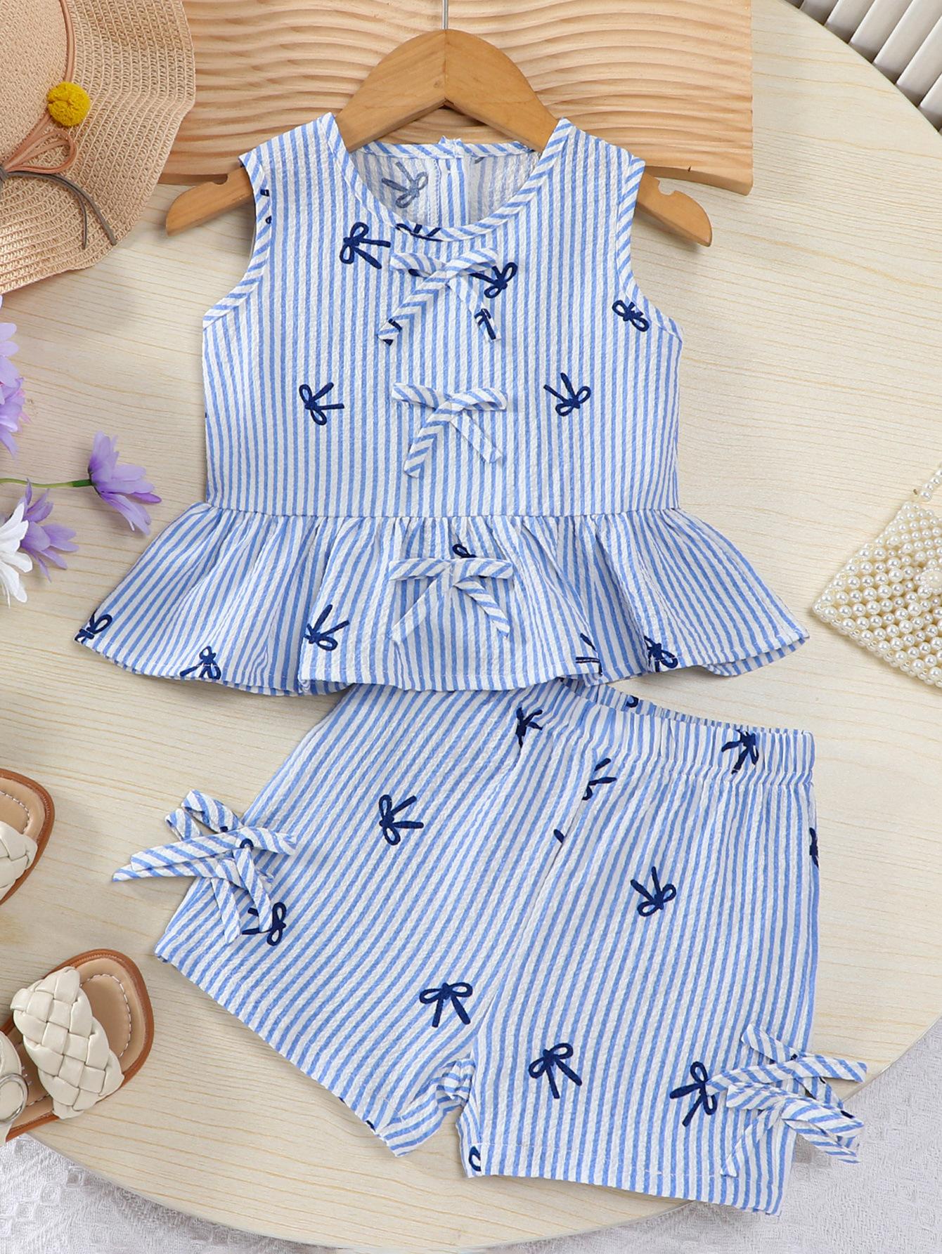 Girls Stripe Bow Print Sleeveless Top & Shorts Set Summer Outfit 4Y синий