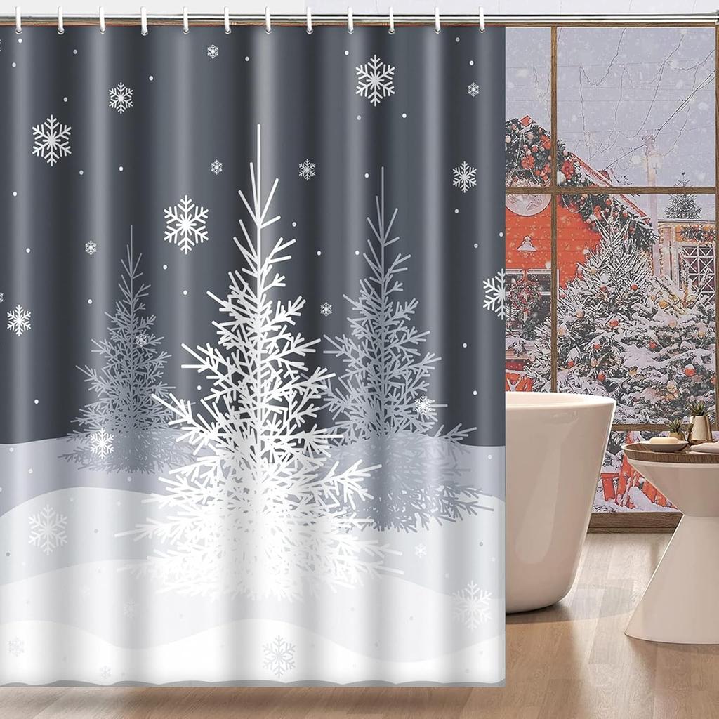 Christmas Shower Curtain, Gray Winter Christmas Trees Grey White Snowflake Waterproof Fabric Bathroom Shower Curtain Set With