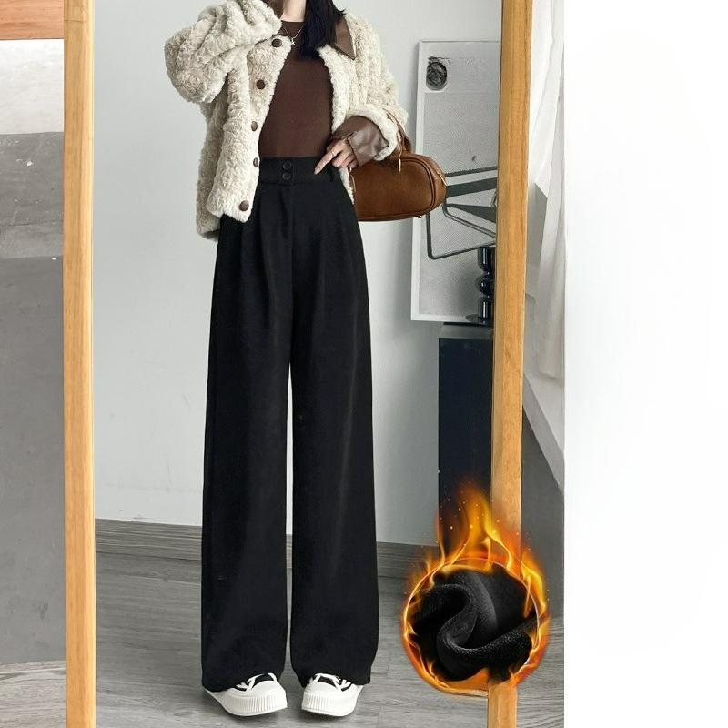 Plus Velvet Chenille Wide-leg Pants Women's Autumn and Winter High-waist Drape Straight Narrow Version of The Small Suit Pants