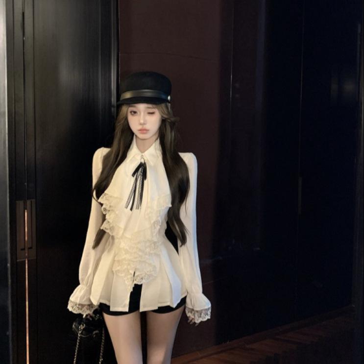 

Женский шикарный ретро-топ из французского кружева с длинными рукавами, оборками, рукавами-трубами и завязкой M