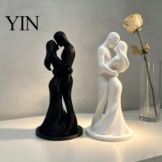 Durable Couple Figurine 3D Printed Black & White Hugging Statue, Minimalist Modern Sculpture with Abstract Embrace Love Form, Romantic Desk Decor for