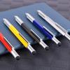 Six-in-One Multifunctional Metal Ballpoint Pen with Level, Scale, Screwdriver, and Capacitive Tip.