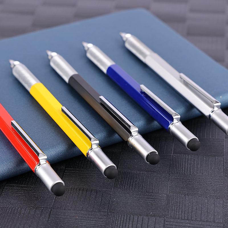 Six-in-One Multifunctional Metal Ballpoint Pen with Level, Scale, Screwdriver, and Capacitive Tip.