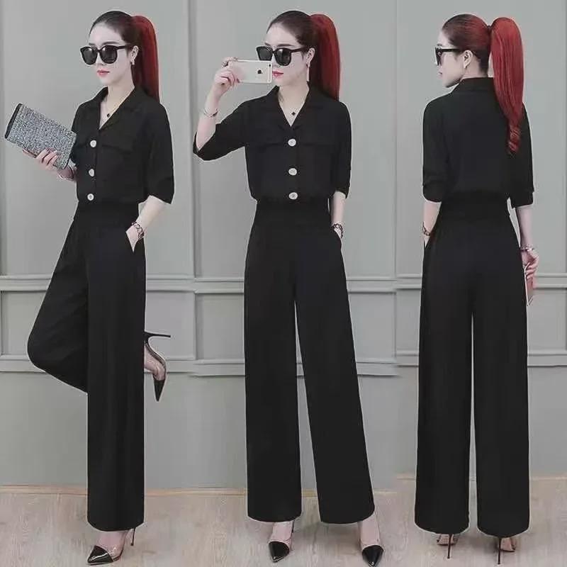 Women's Summer Fashion Suit: Short Slim Fit Top & Wide-Leg Pants Two-Piece Set