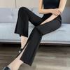 Women's High Waist Flared Black Pants - Slimming, Elastic, Split Hem, Casual - Small Size for Petite Figures, Summer Wear