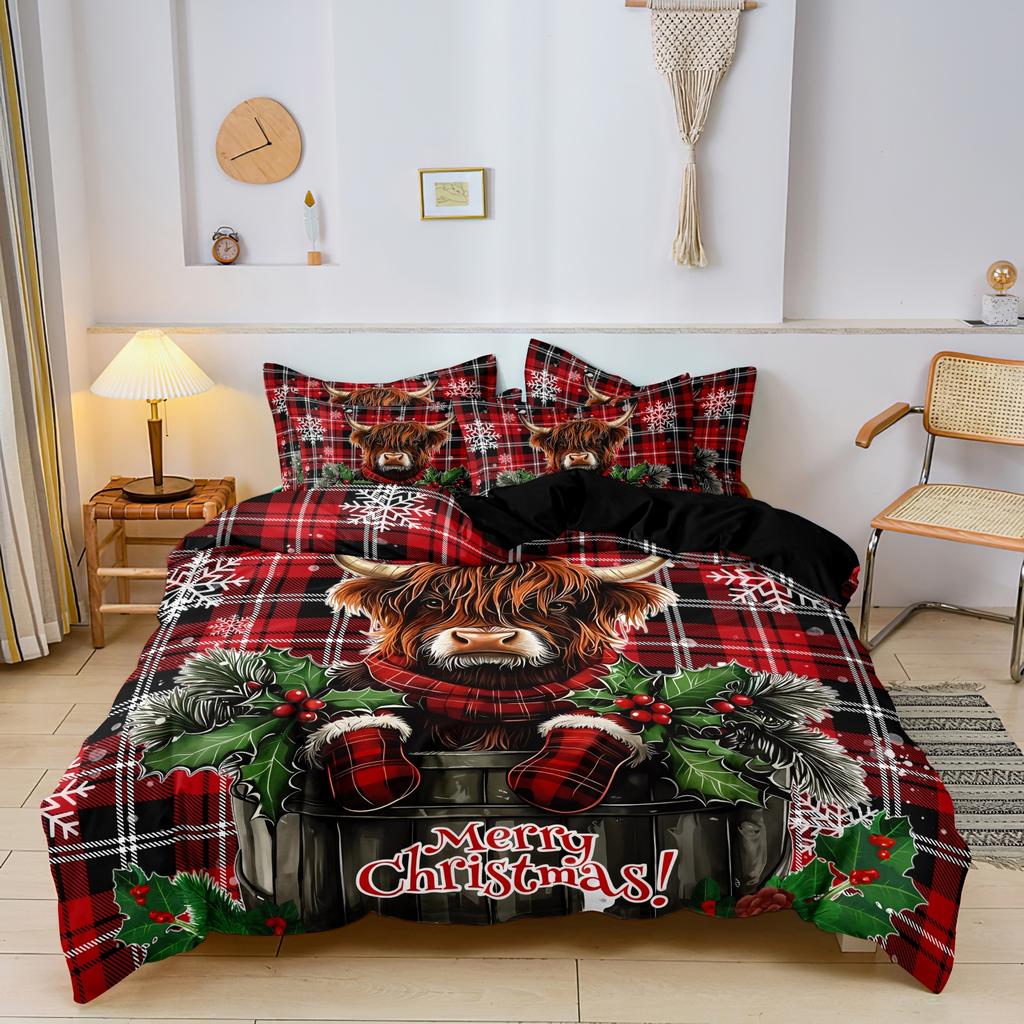 3pcs Christmas Duvet Cover Set - Festive Reindeer &Tree Design Red Grid Checkered Pattern Christmas Bedding | Christmas Gift