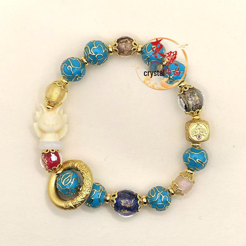 Pink Cloisonné Nine-tailed Fox Bracelet with Gold Leaf and Enamel Beads