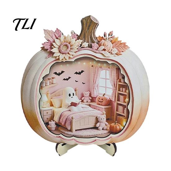 Wooden Halloween Night Light Ghost Pumpkin Plaque, 2D Flat Tabletop Sign, Table Decor Spooky Bathing Reading Ornament for Home Office Mantel