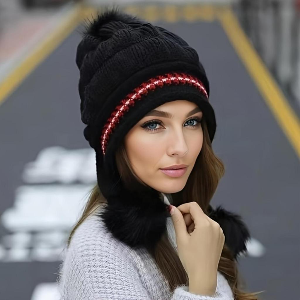 Fantasy Wool Knitted Hat with Earmuffs, Elastic Acrylic Fabric, Adjustable Brim, Storage Bag, Hand Wash or Dry Clean