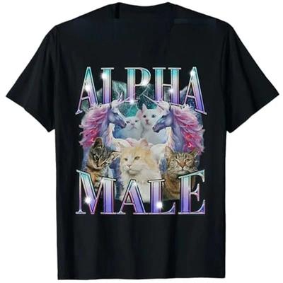 Alpha Male Unicorn Cat Ironic Vintage TShirt Retro Style Vintage Saying Tee Short Sleeve Sarcastic Joke Saying Tee Rap Y2k Top