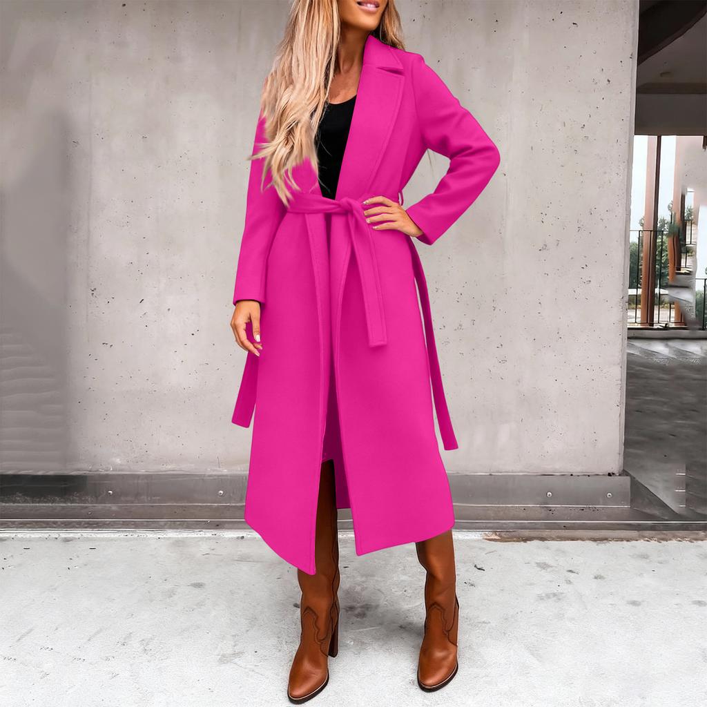 Damen Casual Mode Einfarbig Langärmlig V-Ausschnitt Bindegürtel Langer Wollmantel