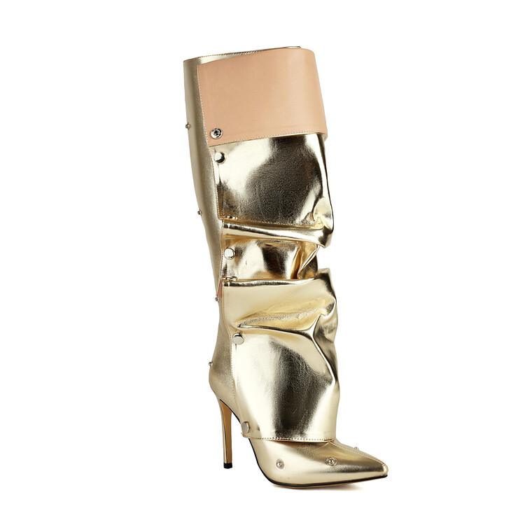 Fashion Wrinkled Metal Buttons Spliced Disassemble Knee Boots Fashion Show Folding High Barrel Boots 32-48 Auto Show Model Fashion Boot