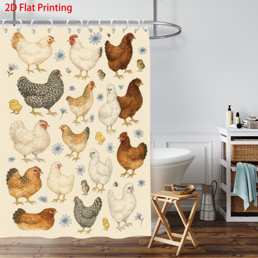 1pc Countryside Style Hen Print Waterproof Shower Curtain Bathroom Partition Privacy Multiple Sizes 12 Hooks Easy To Install