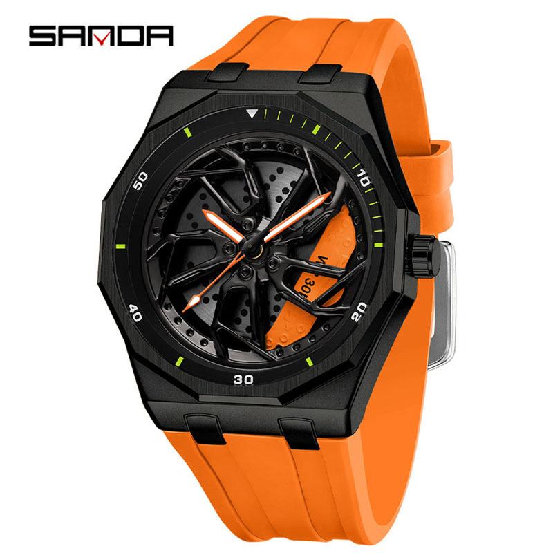 Sanda Brand Men's 360° Rotating Wheel Hubcap Design Quartz Watch Fashion Sports Silicone Waterproof For Daily Wear Hollow Watch