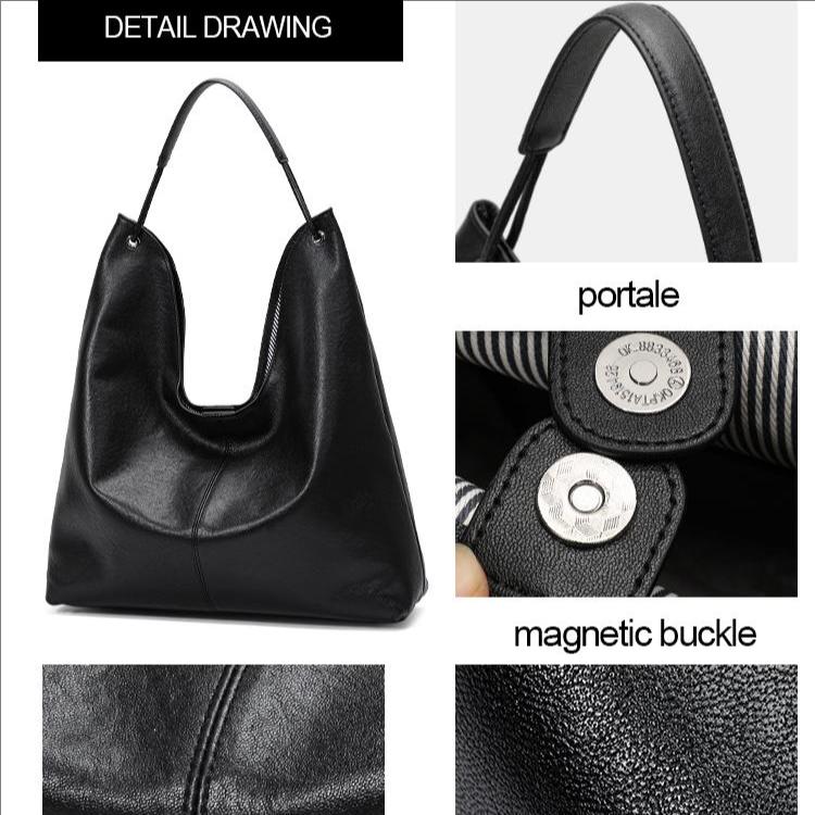 Women's Hobo Bag Genuine Leather Second Layer Soft Cowhide Handbag Black Fashion Shoulder Bag for Everyday Use