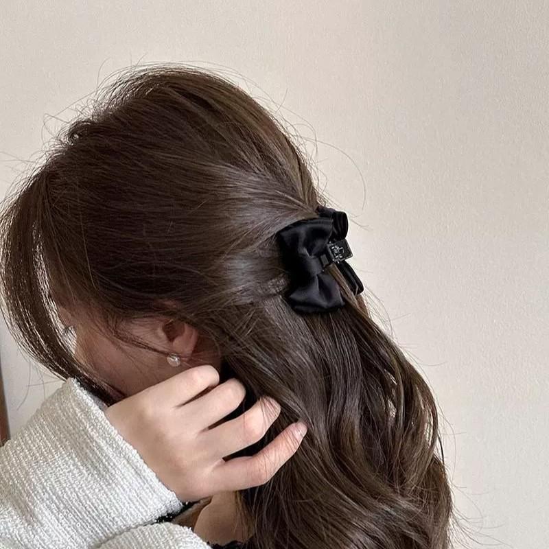 Elegant French Black Bow Hair Claw Clip for Women - Small Size, Versatile Princess Style for Bangs, 2025