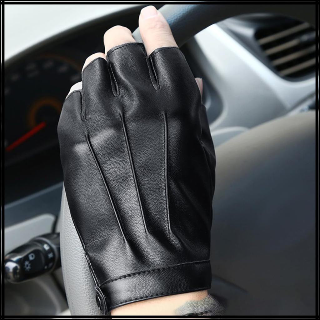 White Fang NT148 Fingerless Gloves, Simple, Solid Leather, Stylish Rock Style for Men (Black)