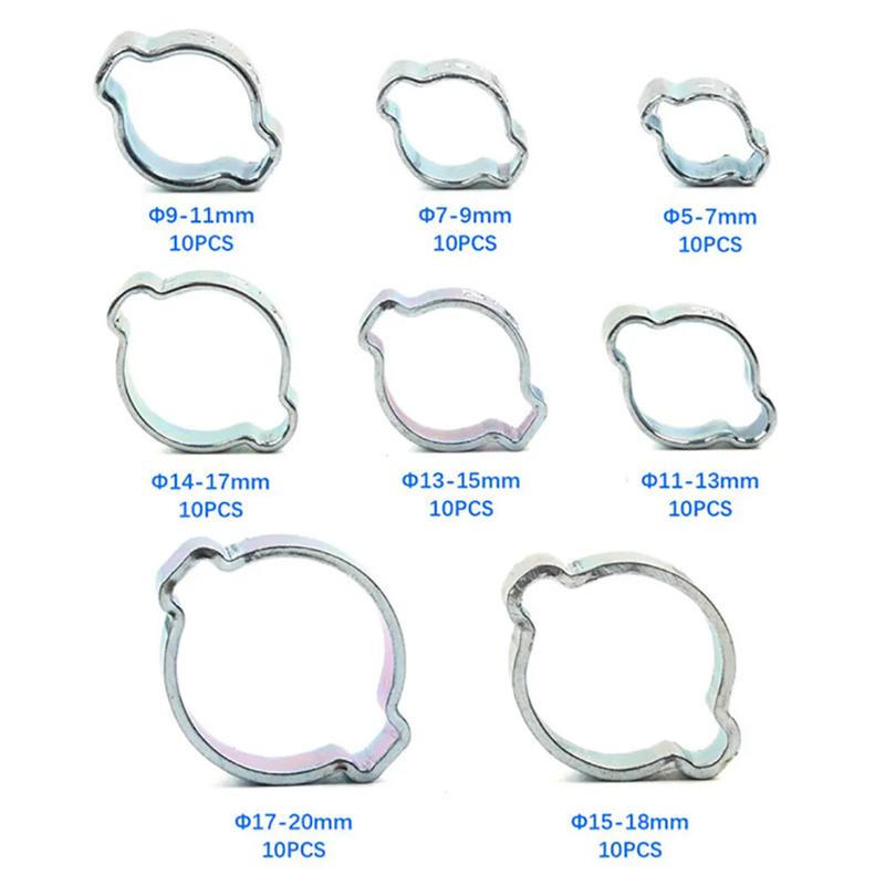 80Pcs Double Ear O Clips Automotive Air Fuel Hose Pipe Crimp Clamps Hose Fasteners