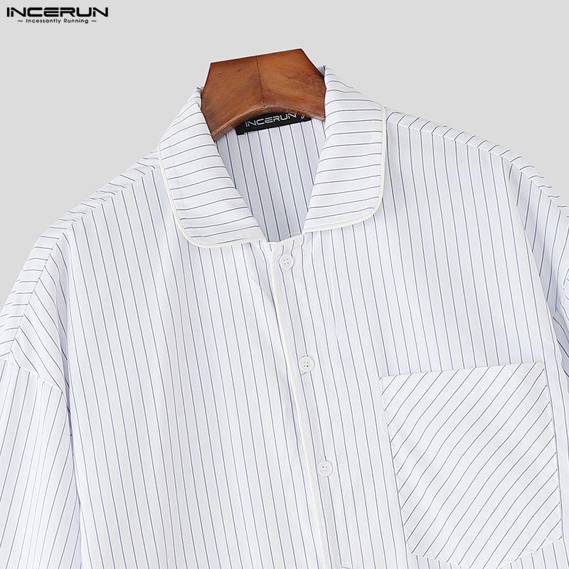 INCERUN Men Spring Lapel Neck 3/4 Sleeve Striped Shirts Casual Oversized Tops