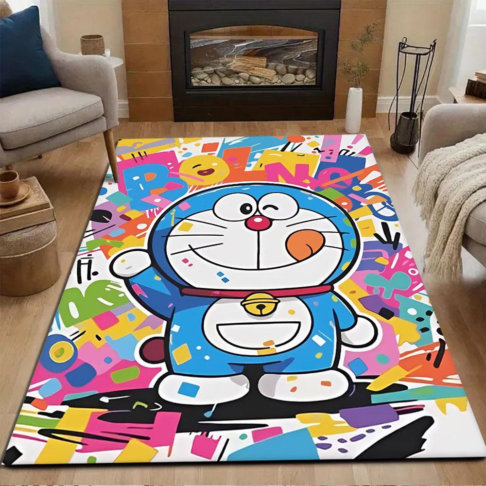 Colorful Cartoon Cat with Graffiti Style Patterned Carpet, Non Slip Mat Suitable for Living Room and Bedroom Sofas