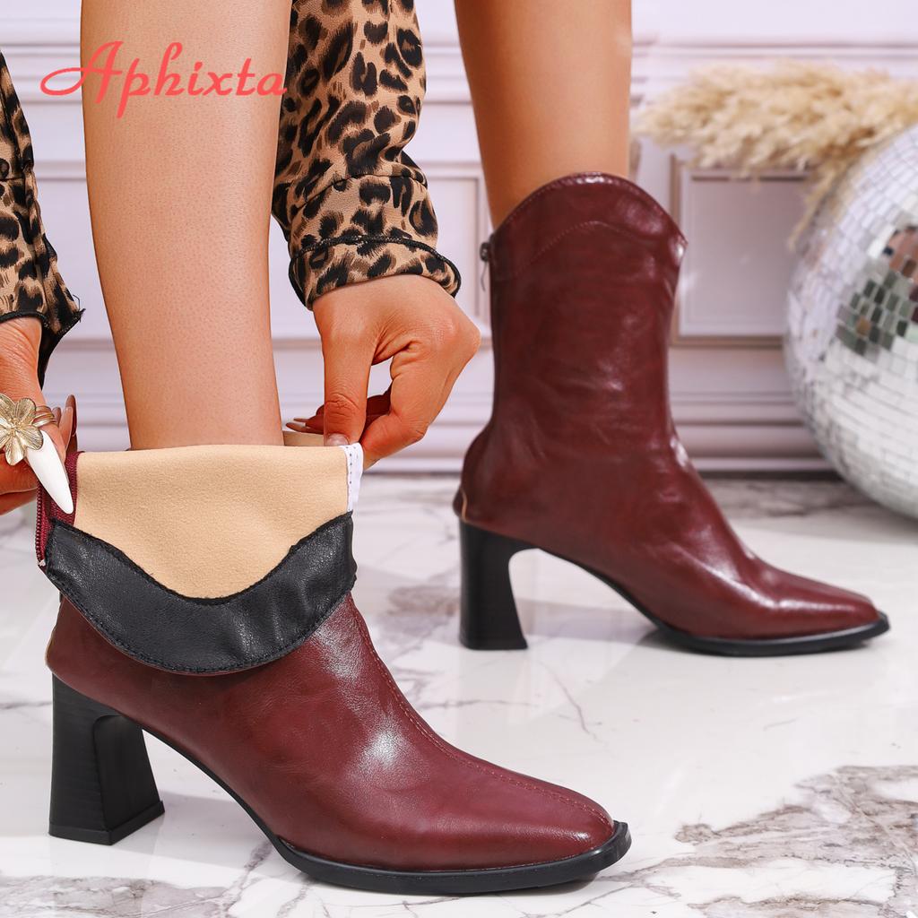 Fashion Aphixta Western Ankle Boots for Women Square Heel Zip Closure Wine Red Big Size 43 Modern Woman Boots Concise Fashion Shoes