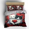 Romantic Red Heart Kitten Bedding Set,Black White Fluffy Cat Floral Valentine Print 1 Duvet Cover 2 Pillowcase For Couple Room