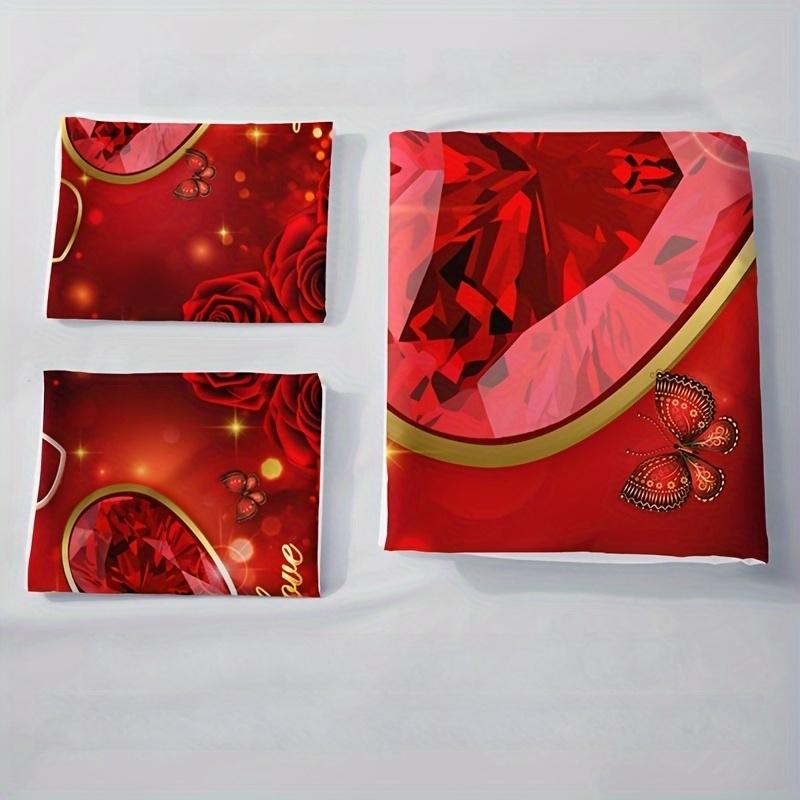 Romantisches Rotes Herz Rose Floral Schmetterling Brief Bettbezug Set Enthält 1 Bettbezug und 2 Kissenbezüge Atmungsaktives Polyester