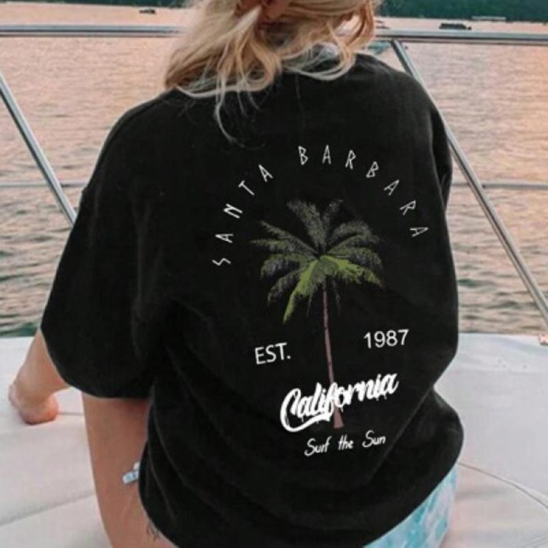 Women's Coconut Tree & Letter Print Drop Shoulder Sleeve Tee- Fashion Short Sleeve Top
