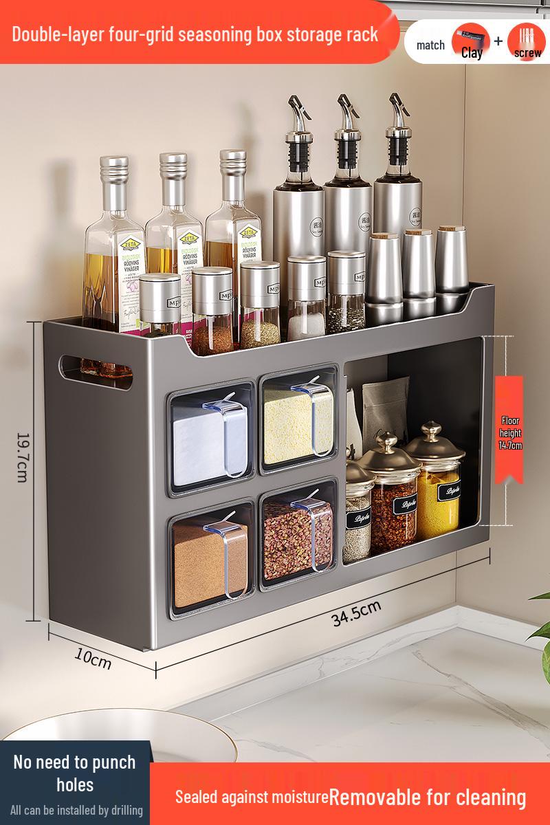 

Wall-Mounted Multifunctional Kitchen Rack with Knife and Chopstick Holders, Punch-Free Spice Box, and Storage.