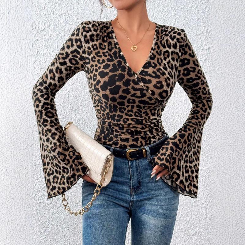 2026 New Spring and Autumn V-neck Leopard Print Women's Blouse Slim Fit Flared Long Sleeve Office Shirts Casual T-shirt Elegant Sexy Tops