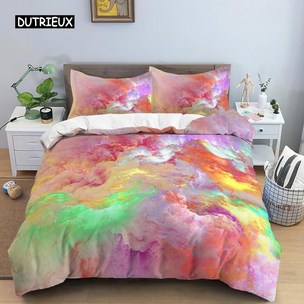 Colorful Cloud Duvet Cover Polyester Orange Yellow Purple Cloud Sky Quilt Cover for Teens Girls Abstract Theme Soft Bedding Set