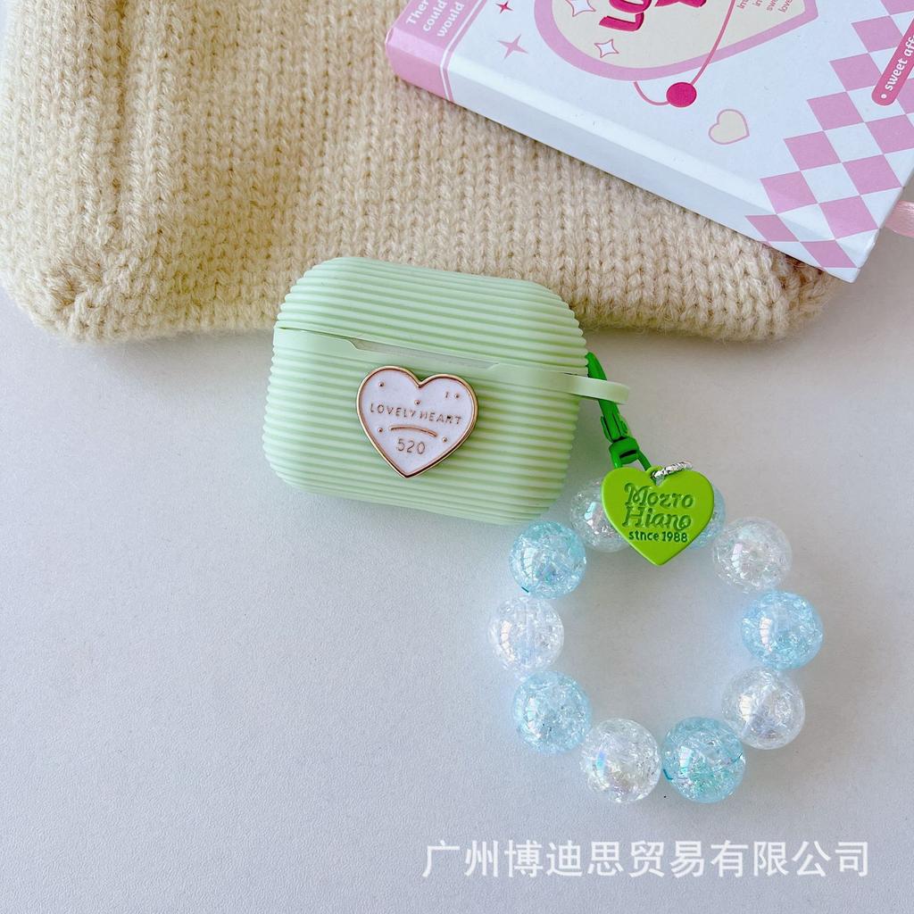 New Apple Silicone Horizontal Stripe Earphone Case Small Fresh Hand Beads + Silicone AirPods Pro1 Love + Hand Beads