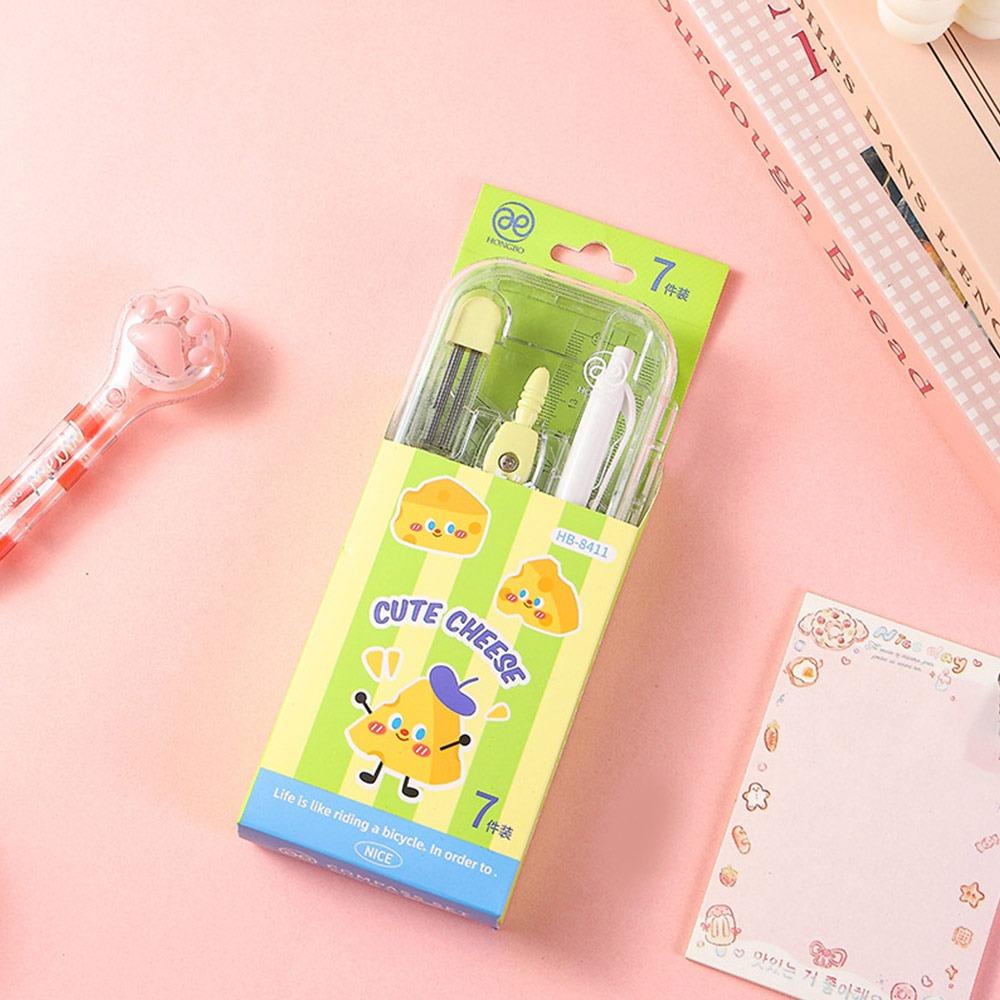 7PCS/Set Plastic Ruler Compasses Set Straight Ruler Set Square Stationery Ruler Set Propelling Pencil Drawing Tool Students