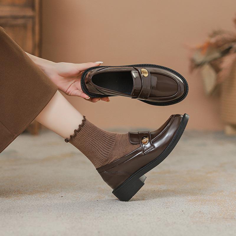 

New autumn and winter velvet round head gold buckle one pedal leather shoes inner height increase 6CM small leather shoes women 39