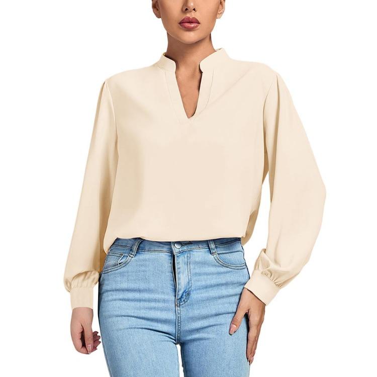 Women Work Shirt Elegant High Neck Long Sleeve Loose V-neck Top Stylish Soft Breathable Lightweight Pullover Shirt