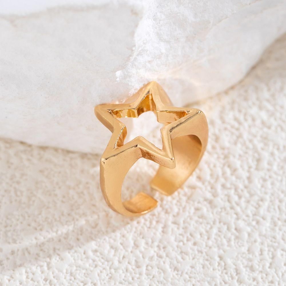 Hollow Geometric Open Ring Geometric Wide Finger Buckle Personality Metal Star Ring  Decoration