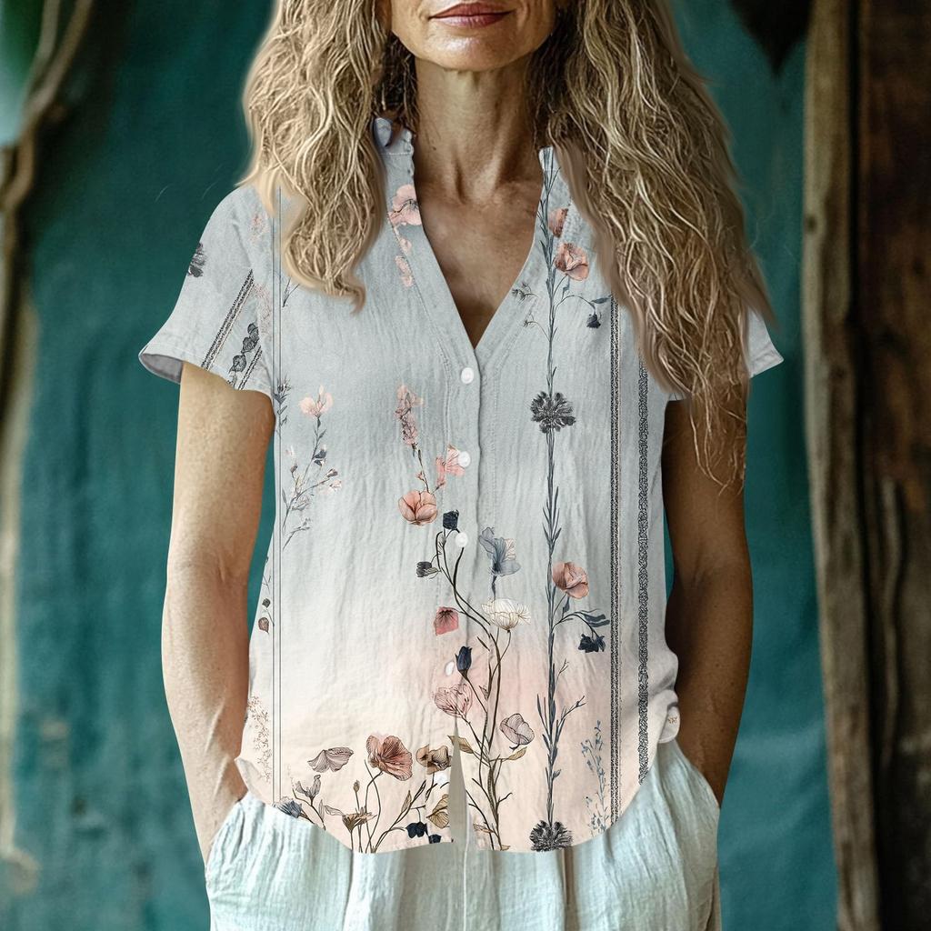 Women's Casual V-neck Short Sleeved Top, Printing T-shirt Shirt