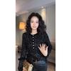 French Sequin Round Neck Black Shirt for Women Early Spring New Long-sleeved Slim Pullover