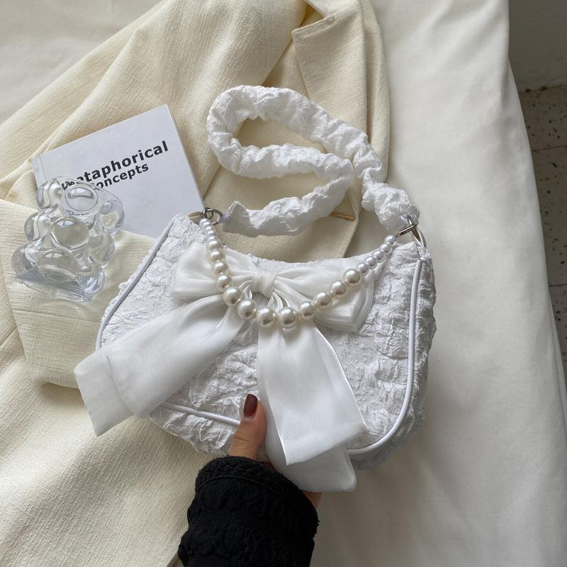 Текстура кружева плиссированная сумка женская сумка женская черная жемчужная сумка через плечо браслет-бантик модная белый