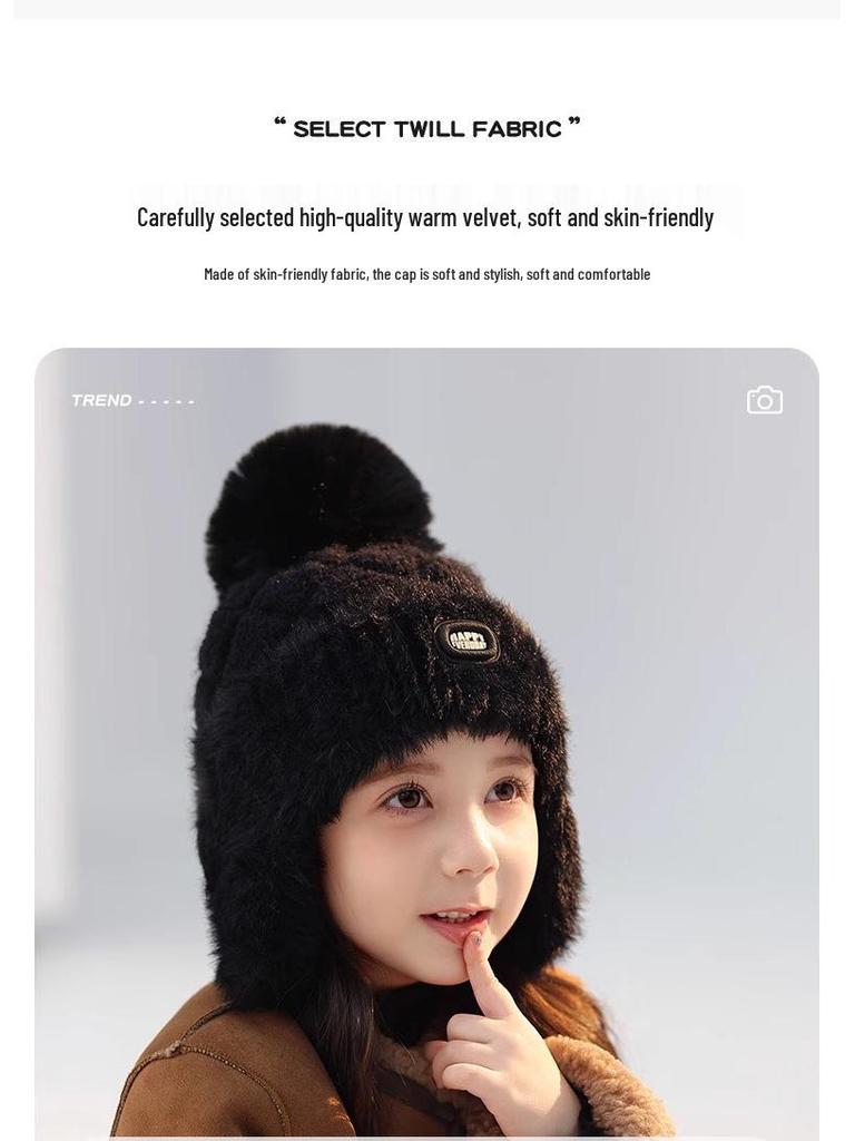 Kids' Thick Plush Knit Hat, Windproof & Cozy for Autumn/Winter, New Style Lei Feng Design for Boys & Girls