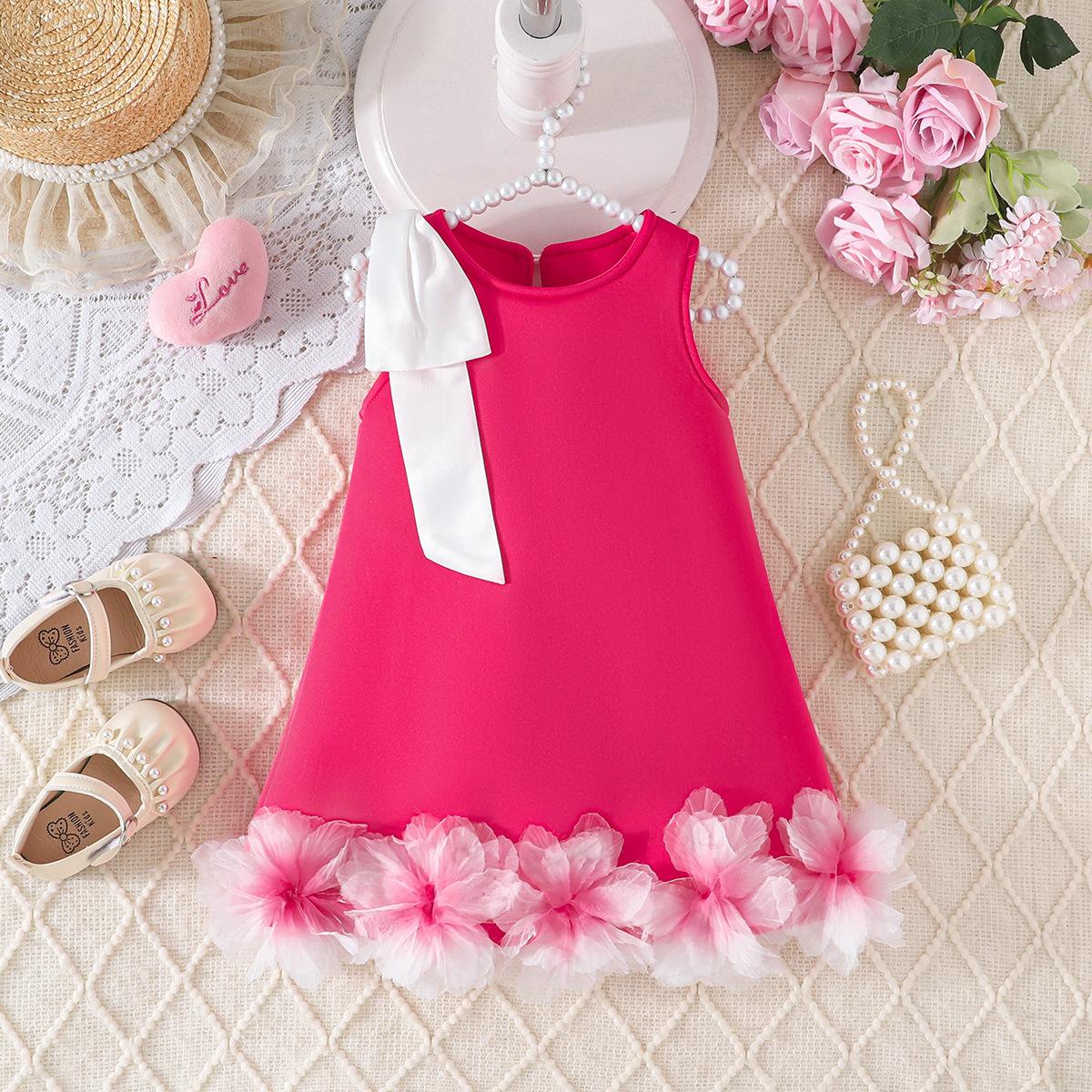 

Girls Solid Color Sleeveless Dress with 3D Flower Hem + Bow Party Dress 4-5Y