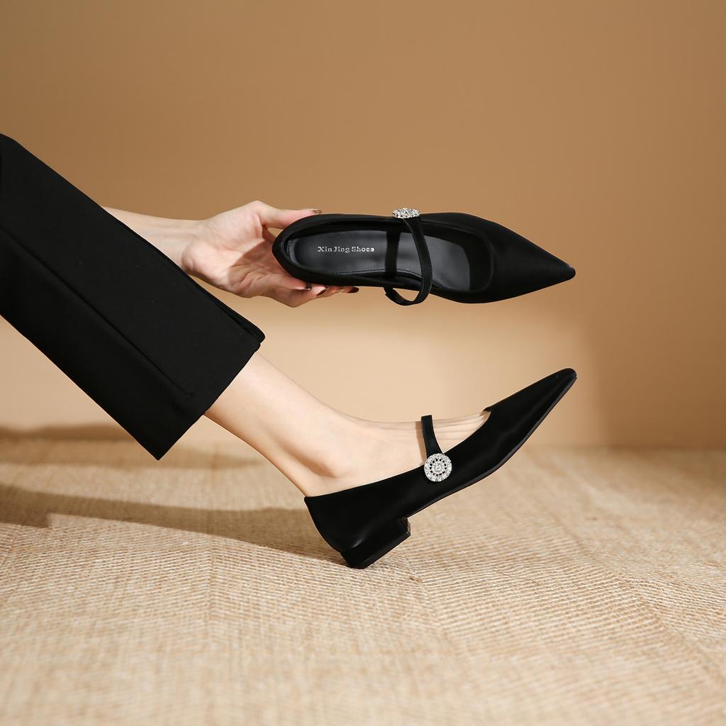 2008-2 Xiaoxiangfeng shallow mouth pointed flat-soled single shoes new word with flower rhinestone buckle low heel single shoes women