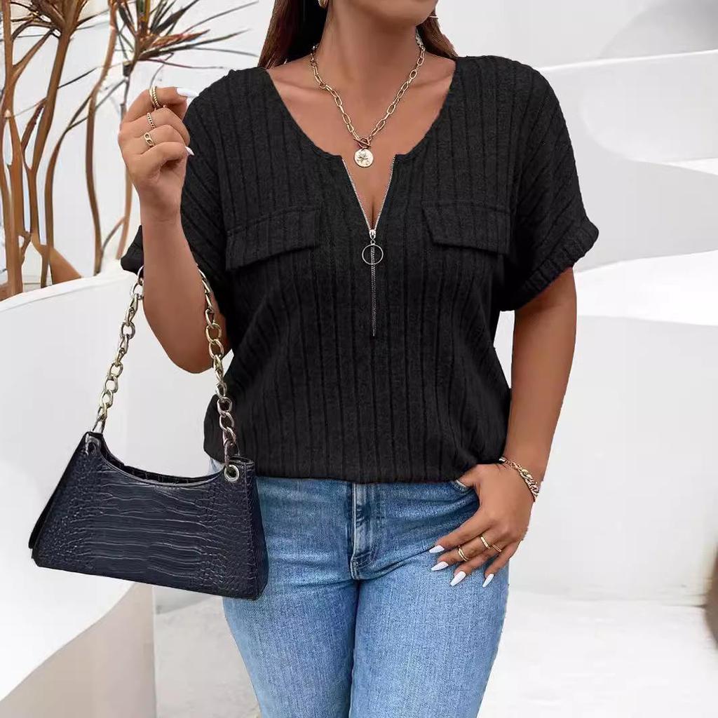 2025 Spring/Summer Plus Size Women's Solid Color Zipper Short Sleeve Loose Pullover Top