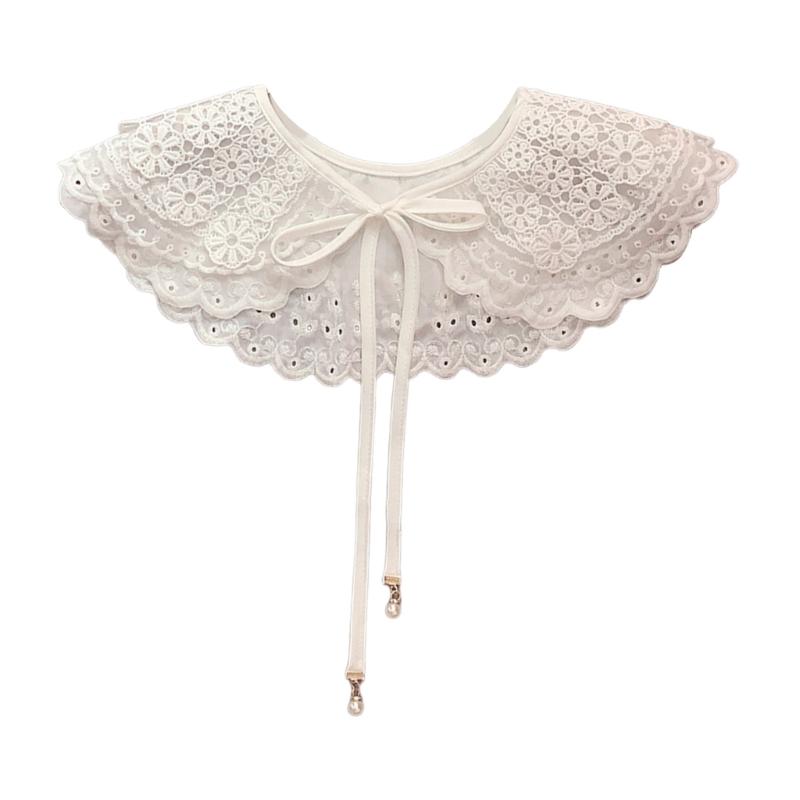 Korean Women White Cotton Fake Collar Shawl Wrap Hollow Out Floral Fish Scales Necklace Scarf Embroidery Short Poncho Dropship